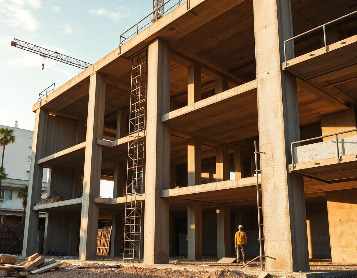 Canteiro de obra residencial em fase de estrutura, com pilares de concreto aparente e andaimes