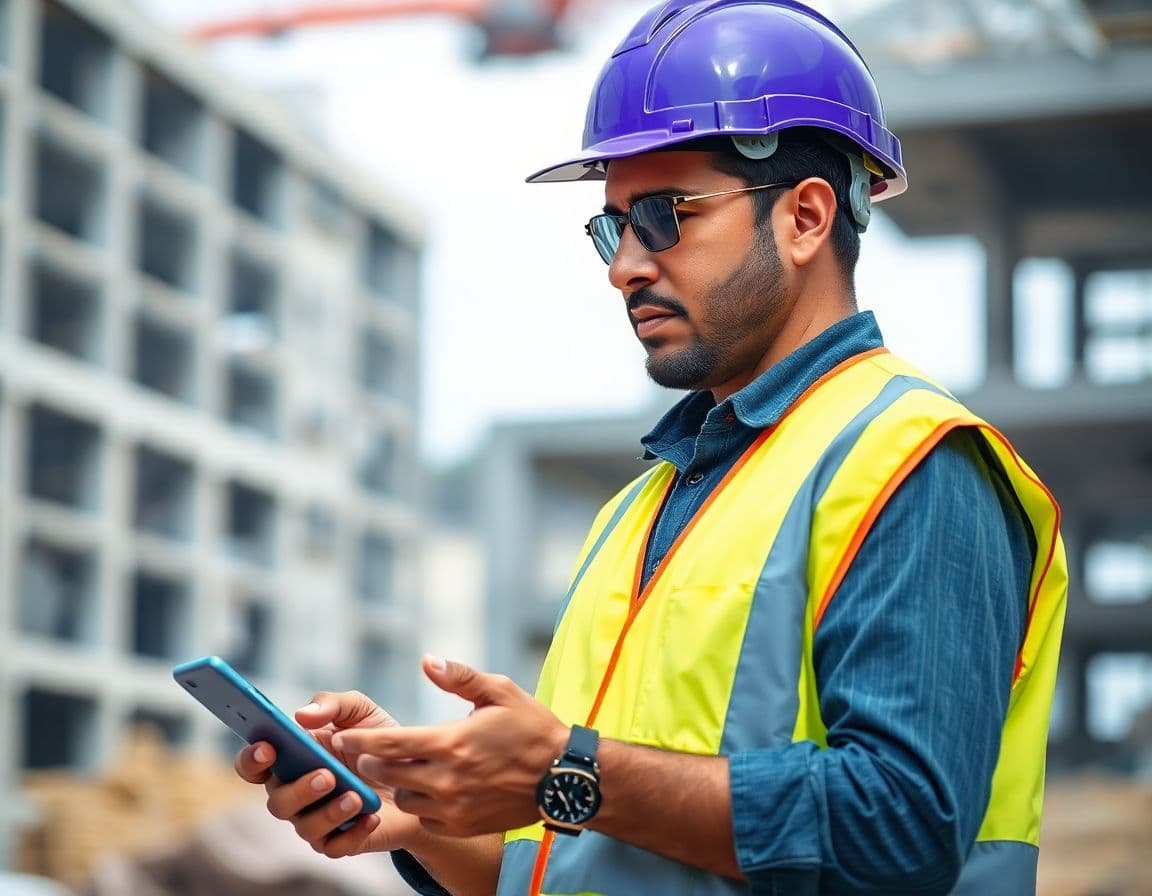 Profissional de obra com capacete e colete usando o WhatsApp no celular no canteiro