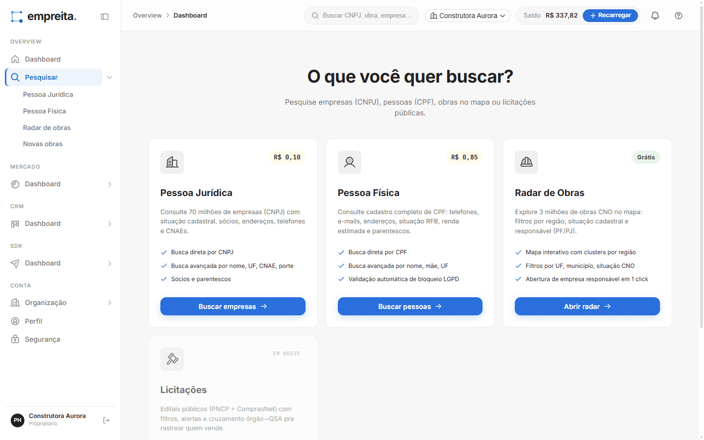 Busca de empresas por segmento e região no Conecta Lead