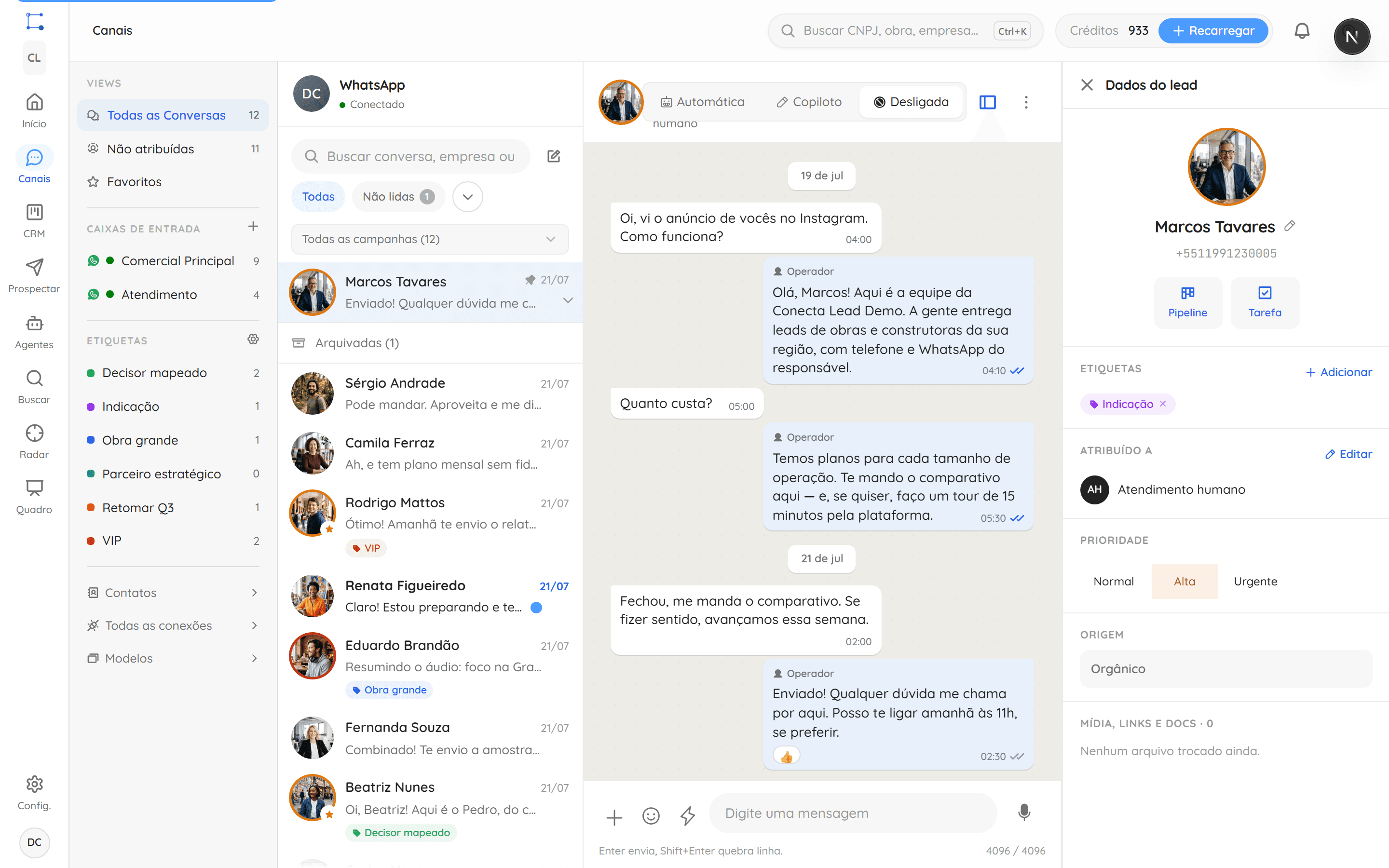 Atendimento com SDR de IA no WhatsApp do Conecta Lead