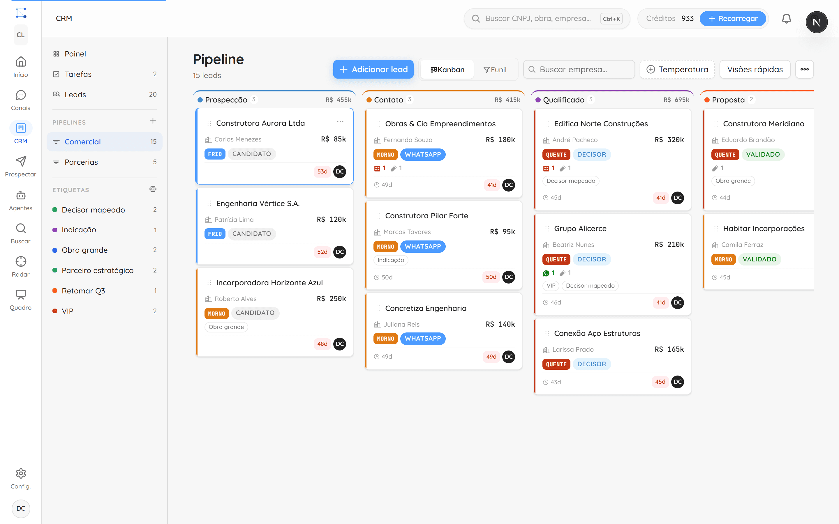 Funil de vendas em Kanban no Conecta Lead