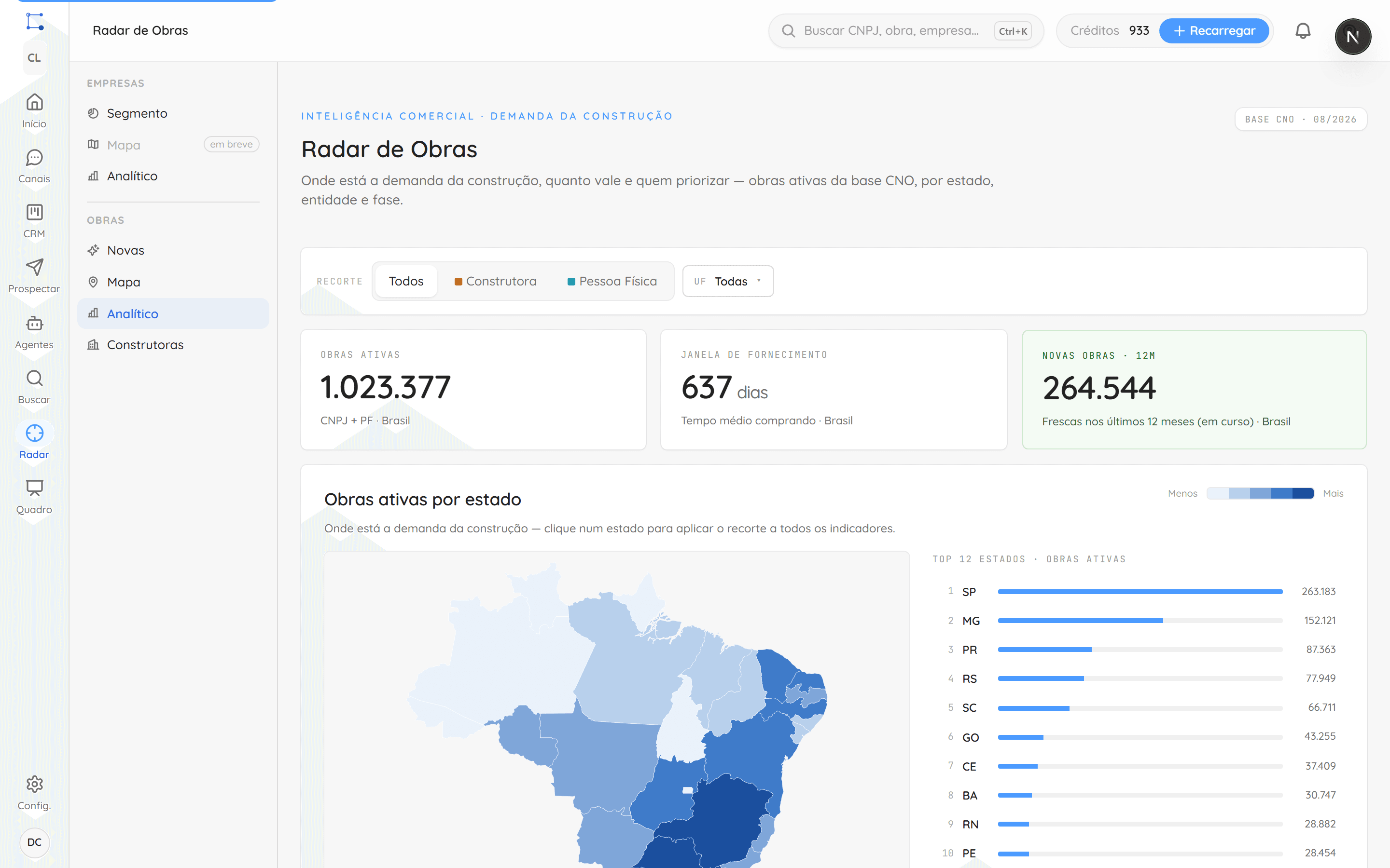 Radar de obras da construção no mapa do Conecta Lead