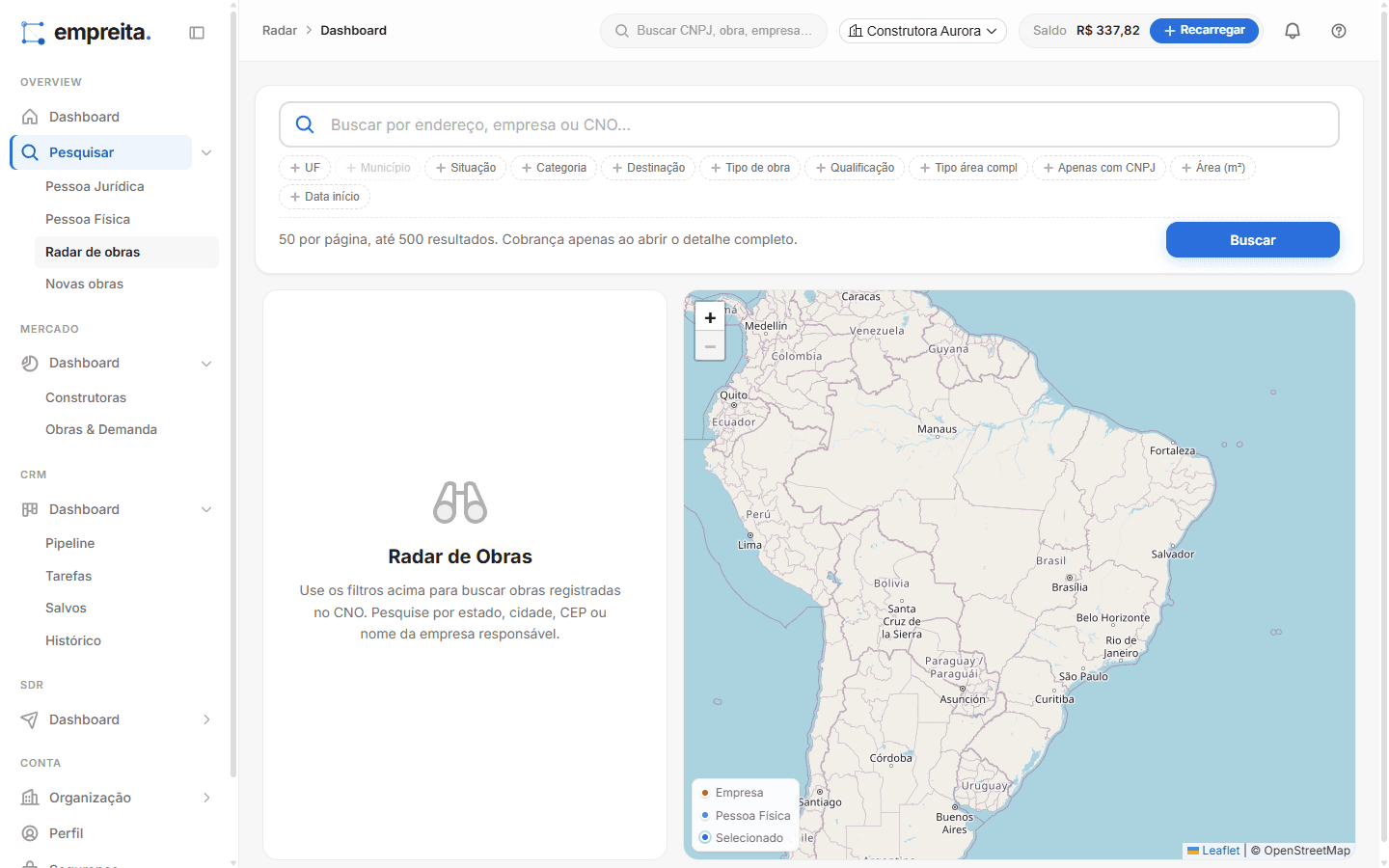 Radar de obras da construção no mapa do Conecta Lead