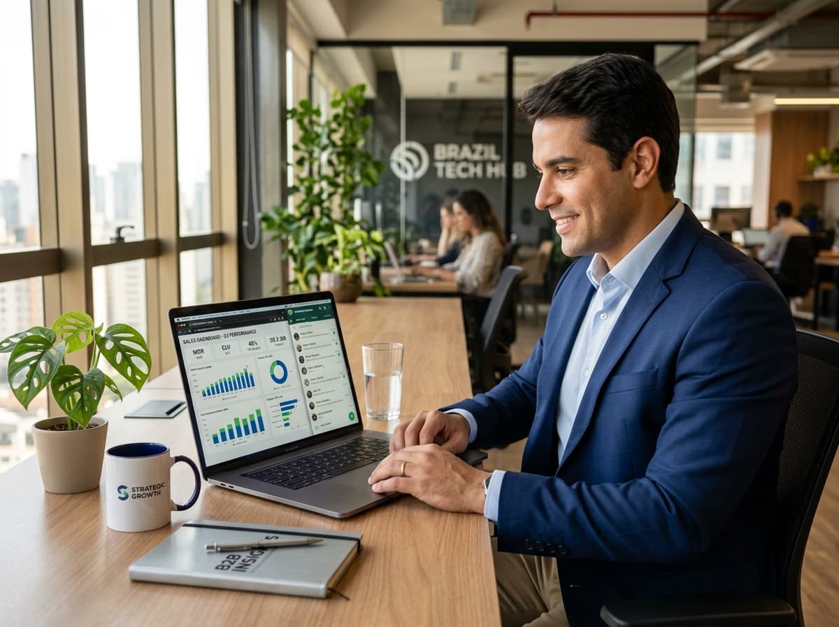 Profissional B2B atendendo clientes e gerenciando prospecção no WhatsApp pelo computador